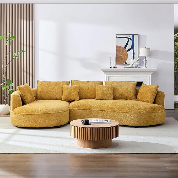 124.8 Yellow Bonded Curved Sofa Living Room Cloud Couch Modern Upholstery Boucle Sofa Comfy Lazy Cream White Modular Sectional Sofa with Pillows for Bedroom Apartment Left Facing