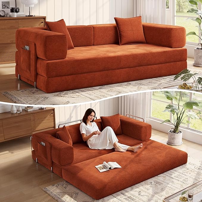 MoonSpeak 78.8''Sleeper Couch Bed for LivingroomConvertible Modular Sofa with Armrest PillowModular Foldable Corduroy Couches in a BoxNo Assembly (Orange)