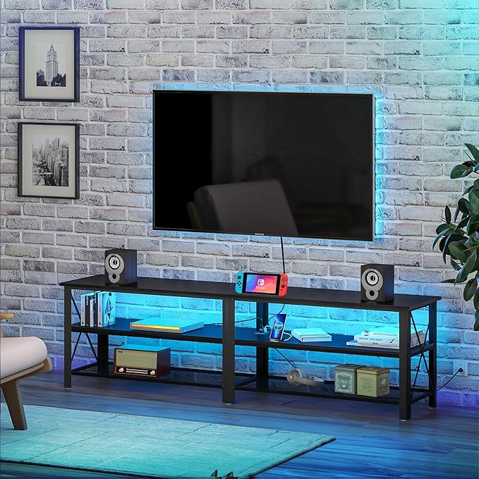 Clikuutory Modern Black 71 inch Metal TV Stand with LED Lights and Power Outlets for 50 60 65 70 75 80 Inch TVs 3 Tier Television Stands with Entertainment Center and Storage for Living Room Bedroom