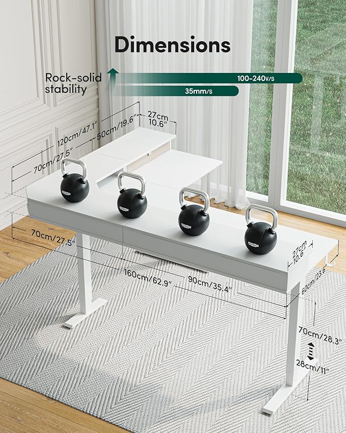 FEZIBO L Shaped Electric Standing Desk 63 x 48 inch Large with Drawers | Reversible Tabletop 2 Memory Height Settings | Home Office &amp Gaming Height-Adjustable Table White（2 Packages）