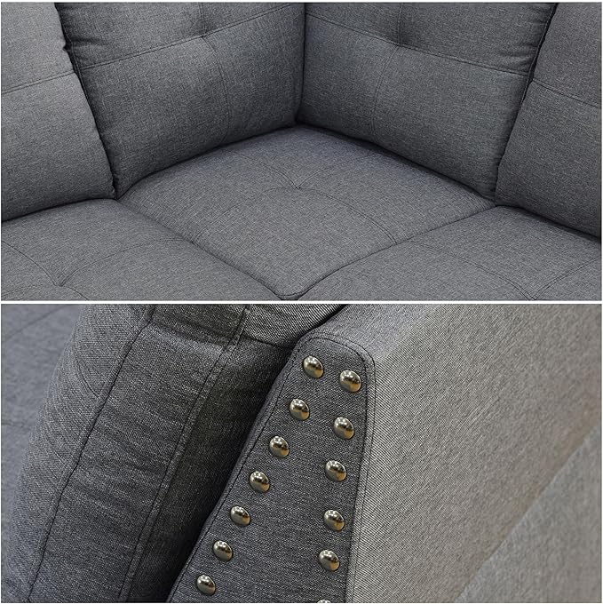FONTOI L Shaped Sectional Couch Sofa 4-Seat Modern Sectional Sofa with Cup Holders &amp Nail-Head Trim – PU Leather L-Shaped Couch for Living Room Bedroom Apartment GreyC