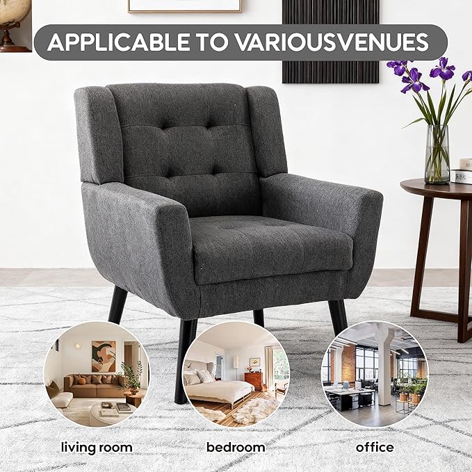 Linen Accent Chair Mid-Century Modern Tufted Armchair for Living Room Bedroom &amp Office (Drak Gray)