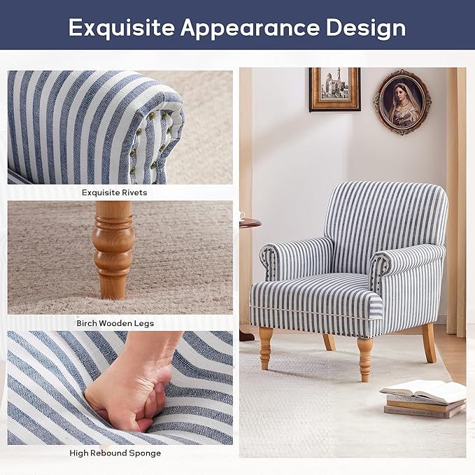 HUIMO Linen Fabric Accent Chair Mid-Century Modern Armchair with Solid Wood Legs Single Sofa ChairUpholstered Reading Club Chair (1 Dark Blue and White Stripe)