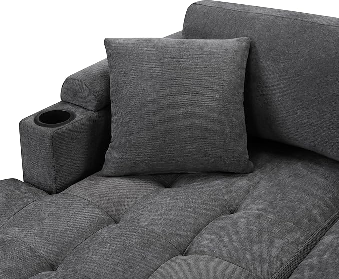 Merax 115.7 U-Shaped Chenille Sectional Sofa 4 Seat Corner Couch Oversized with Built-in Cup Holders 3 Pillows Storage Space for Living Room Grey