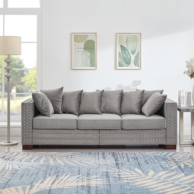84.5 Wide 3-Seater Velvet Sofa with Storage Mid Century Modern Chesterfield Couch Upholstered Love Seat with Deep Seat &amp Retro Trim Gray Velvet Couch for Living Room Office Apartment (Grey)
