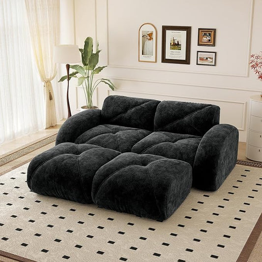 Cloud Sectional Boneless Couch 80.3” Small U Shaped Modular Sofa with 2 Ottoman Deep Seat Premium Velvet Ergonomic Design Compression Upholstered Couches for Living Room Black