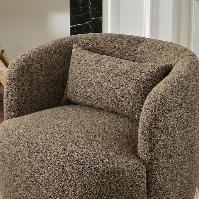 KINWELL 34 Wide Sherpa Swivel Barrel Chair No Assembly Round Boucle Upholstered Accent Chair Armchair Single Sofa Chair with Toss Pillow for Living Room and Bedroom Teddy Brown