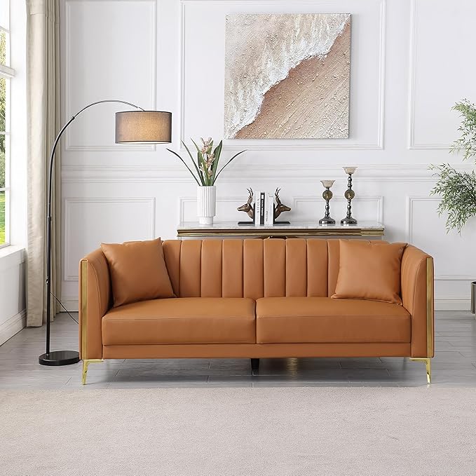 FOTOSOK Leather Couch Sofa Office Couches 78'' Apartment Faux Leather Sofa with 2 Throw Pillows &amp Gold Metal Legs Waterproof 3 Seater Couches for Small Living Room Affordable Luxury Design