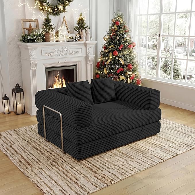 4-in-1 Foldable Sofa Bed Teddy Foam-Filled Compressed Couch Loveseat Sofa Boneless Foldable Convertible Sleeper Sofa Couch for Space Saving Living Room Guest Bed Playroom (Black 53.15Double Sofa)