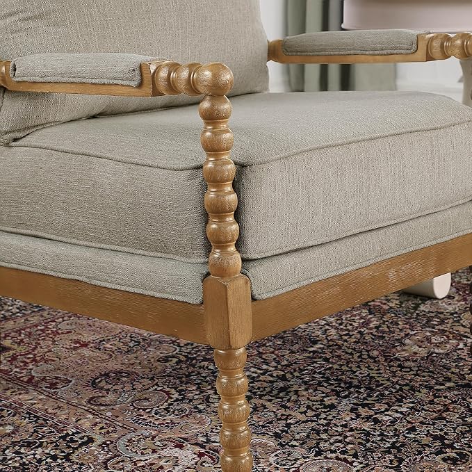 Morden Fort Linen Fabric Spindle Accent Chair with Wood Frame French Style Accent Chairs with Padded Spring Seat and Armrest Pads Brushed Base for Living Room Bedroom Farmhouse Office Balcony(Beige)