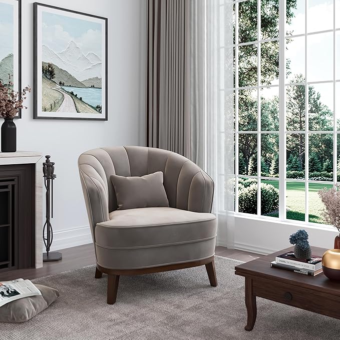 AC Pacific Ava Modern Barrel Accent Chair Upholstered Lounge Armchair with Curved Backrest Channel-Tufted Details Soft Seat Cushion &amp Throw Pillow for Living Room or Bedroom Grey