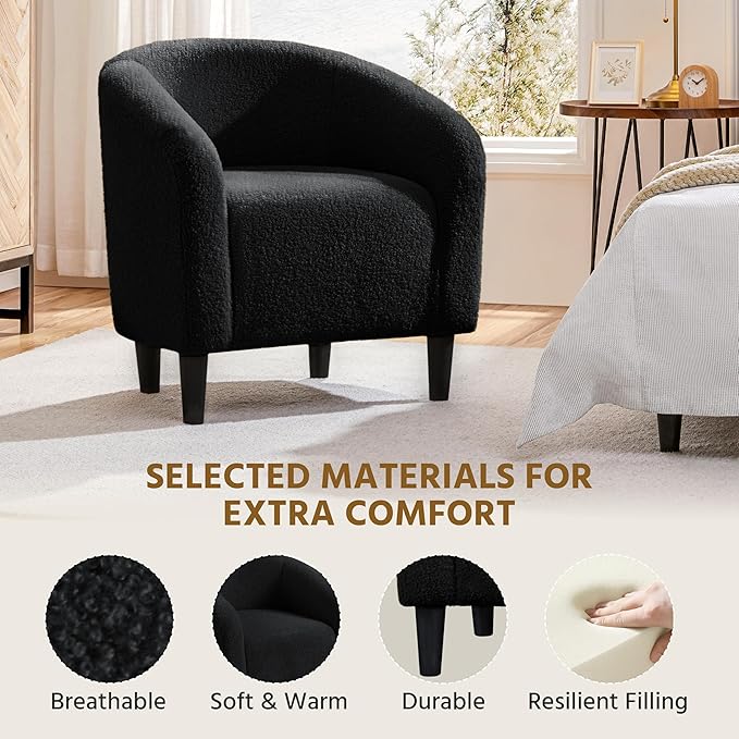 Yaheetech Accent Barrel Chair Boucle Fabric Club Chair Furry Sherpa Elegant Armchair with Cozy Soft Padded Suitable for Living Room Bedroom Reception Office Black