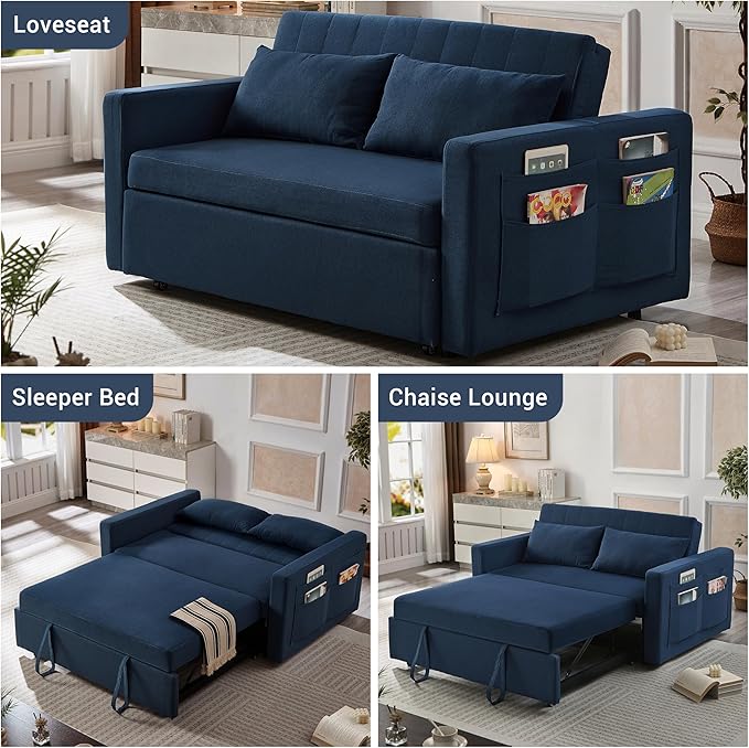 55.5 Fabric Convertible Sofa Bed Pull Out Sleeper Sofa Bed Loveseat Couch with Side Pocket 3 in 1 Convertible Sleeper Sofa Bed for Living Room Apartment Bedroom RV Navy Blue