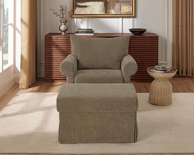 Modern Accent Chairs with Ottoman Set Comfy Chenille Reading Armchair with Rolled Arms and Cushion Backrest 35.8 W Chaise Lounge Chair for Living Room Bedroom Study Apartment Brown