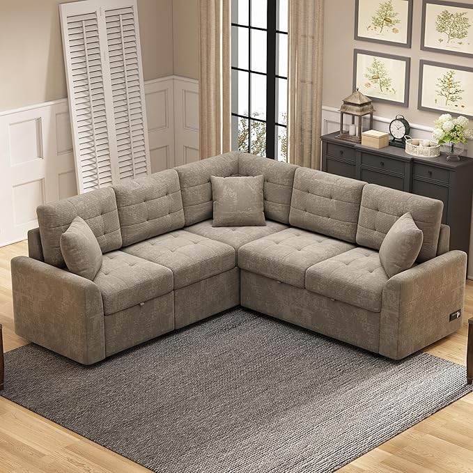 Velvet Fabric L-Shape Reversible Sleeper Sectional Sofa Couch 2 in 1 Pull Out Convertible Sofa Bed with Wheels and USB Ports for Living Room Apartment Office