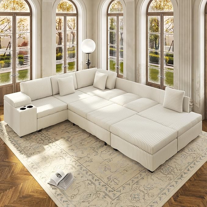 KEIKI 110 L-Shaped Oversized Plush Corduroy Modular Sectional Sofa with Pull-Out Bed Convertible 6-Seater Sleeper Couch Bed with 1 Ottomans &amp USB &amp Cup Holders Easy Assembly for Living Roo