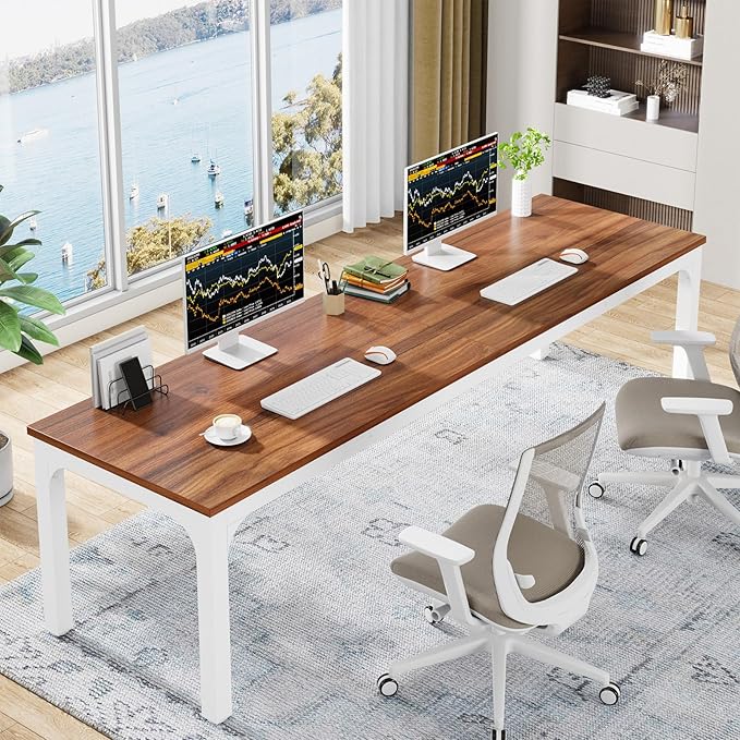 Tribesigns 78.7 Inches Extra Long Computer Desk 2 Person Desk Double Long Desk Workstaion for Home Office (Walnut+White)