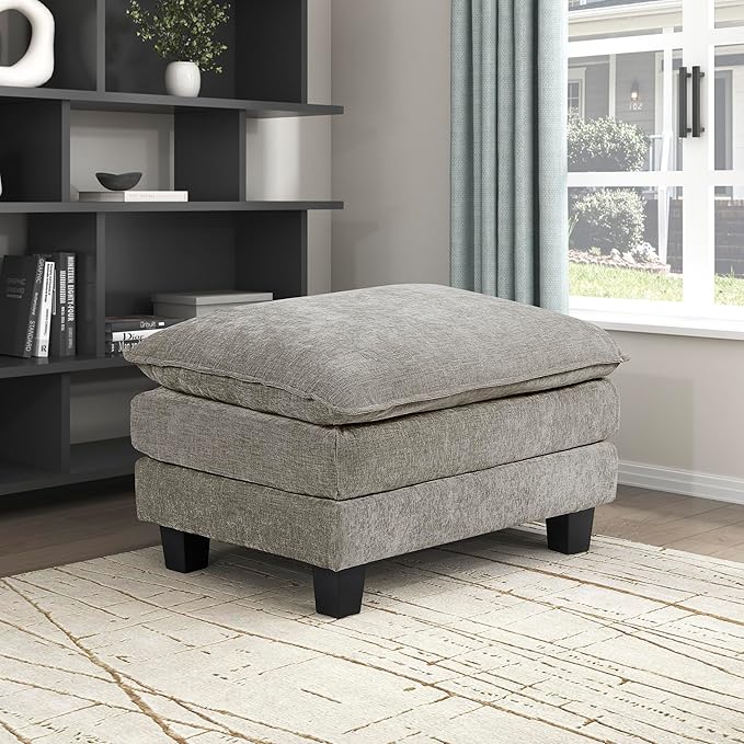 Lexicon Chenille Upholstered Rectangle Ottoman Foot Stool Black Faux Wood Feet Durable Frame Large Padded Modular Sectional Couch Add Ons for Living Room Bedroom Assembly Required Dark Pewter