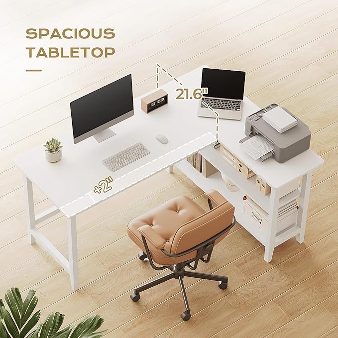IOTXY Reversible L-Shaped Office Desk - 53 Modern Corner Computer Table with Storage Shelves Solid Wood Legs Home Writing &amp Study Workstation White