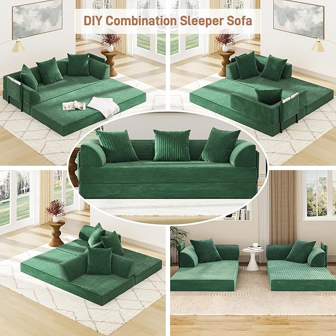 XVD 79 Boneless Sleeper Sofa Bed Convertible Futon Couch with Pillows and Storage Pocket Pull Out Compressed Sofa for Living Guest Room Bedroom Green