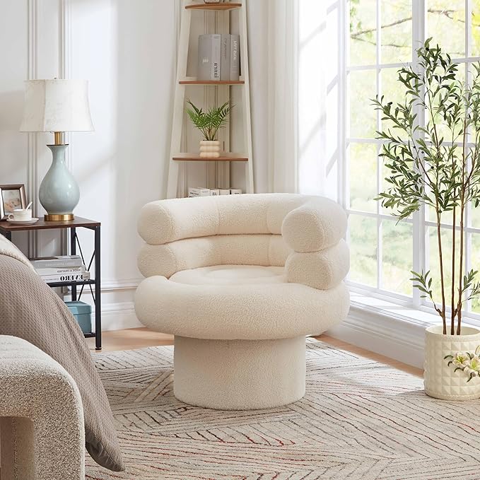 360° Swivel Barrel Accent Chair - Cozy Sherpa Fabric Upholstery Ergonomic Wrap-Around Design Sturdy Base Modern Style for Living Room Bedroom or Office (Beige)