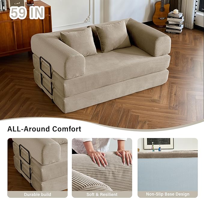 59 Folding Convertible Sofa Bed 5-in-1 Small 2-Seater Sofa Corduroy Futon Floor Couch with Pull-Out Sleeper Boneless Loveseat for Small Spaces Home Office Bedroom Apartment-Friendly (Beige1)