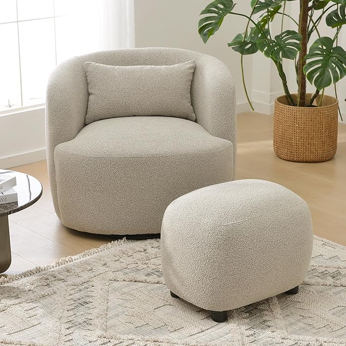 KINWELL Round Boucle Upholstered Ottoman Chair Footstool with Soft Padded Seat Fully Assembled Modern Sofa Couch Footrest Extra Seating for Bedroom Entryway Taupe(18.5 D x 23 W x 16.5 H)