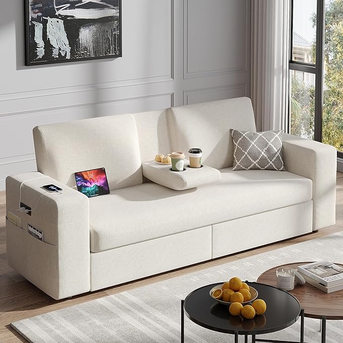 Maupvit 75” Loveseat Sofa with 2 Drawers USB &amp Type-C Charging Port Comfortable Linen Living Room Couch with Small Table Board Upholstered Small Settee Fits Bedroom OfficeBeige