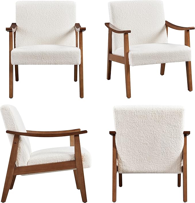 Yaheetech Fabric Accent Chair Mid-Century Modern Armchair with Solid Wood Legs Reading Leisure Chair with High Back for Living Room Bedroom Waiting RoomIvory