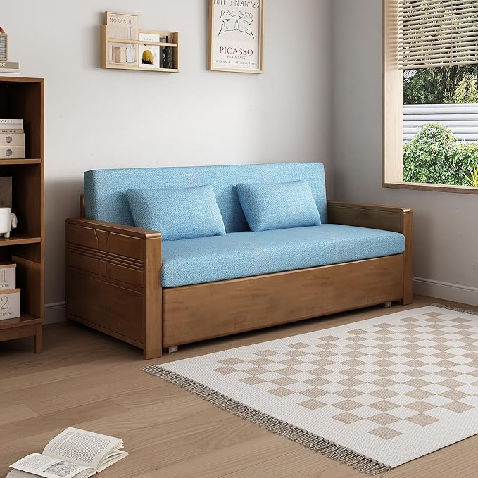 59 Double Convertible Sofa SleeperBlue Cushion Sectional Sleeper Sofa with Reversible ChaiseSolidwood Sofa Bed 3 in 1 Pull Out Couch Bed for Living RoomApartmentBedroomOffice