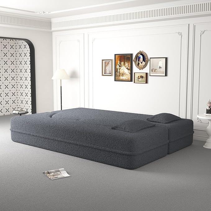 Modern Floor Sofa with 2 Pillows Convertible Teddy Fabric Foam-Filled Sleeper Sofa Bed 15 Full Size Folding Mattress for Living Room Guest Bed Playroom No Assembly Required Grey