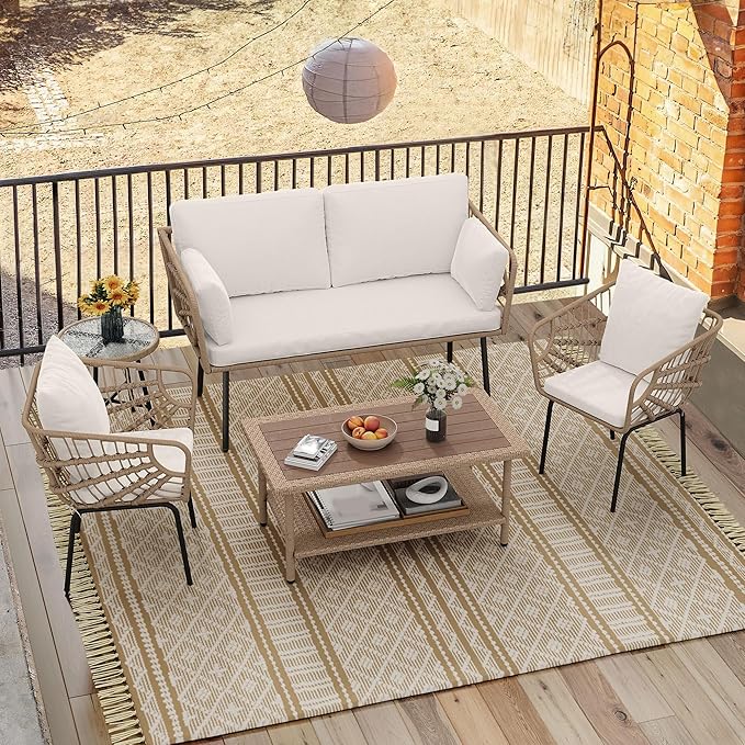 YITAHOME 2 Pieces Patio Furniture Set All-Weather Wicker Loveseat with Thick Cushions &amp Rattan Table Outdoor Conversation Set for Patio Balcony Backyard Deck Poolside