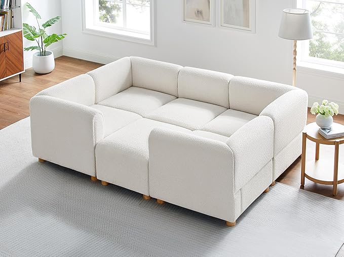 VANOMi Oversized Modular Sectional Sofa Sleeper Sectional Couches for Living Room 6 Seats Modular Sofa with Reversible Chaises Cream White