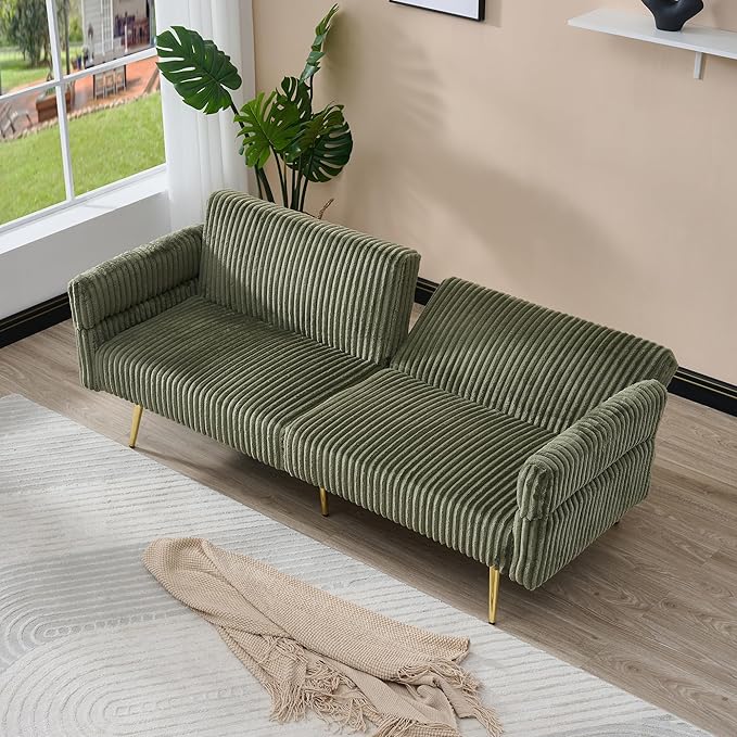 79 W Foldable Sofa BedOverstuffed Futon LoveseatComfy Upholstered Sofa Chair with Adjustable Armrests &amp BackrestConvertible Extra Deep Sleeper Sofabed for Living Room (Green 2 Seat)
