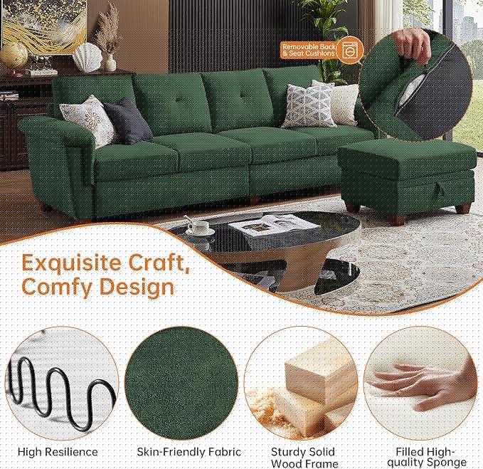 108 Sectional Sofa Convertible L Shaped Sofa with Ottoman and Large Storage 4 Seat Sectional Couch with Cup Holder Couches for Living Room Apartment Office (Green)