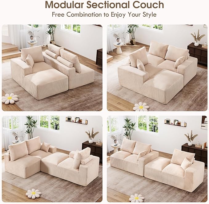 108 Modular Cloud Sectional Sofa 17.8 Comfort Height &amp Neck Pillow Modern Corduroy Couch with L-Shape Oversized Chaise for Living Room Bedroom No Assembly Required (Beige)