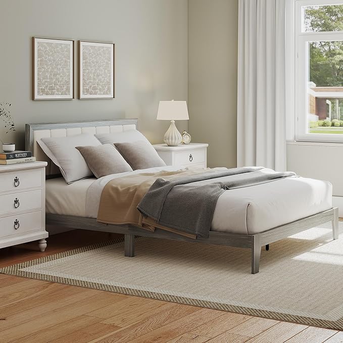 HOMCOM Queen Size Bed Frame with Upholstered Headboard Platform Bed Frame with Wooden Slats No Box Spring Needed Easy Assembly Gray
