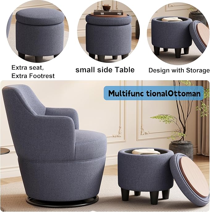 Upholstered Swivel Chair with Storage Ottoman360° Swivel Accent Lounge Sofa with Metal BaseComfortable Cotton Linen Barrel Reading Armchair for Living Room Bedroom Office (Blue)