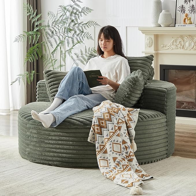 Oversized Round Chaise Lounge Chair Indoor 55W Circle Comfy Armchair with Deep Seat Floor Cloud Boneless Chair Upholstered Modern Cozy Sofa Chairs for Living Room Bedroom(Corduroy Green)