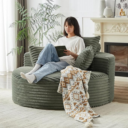 Oversized Round Chaise Lounge Chair Indoor 55W Circle Comfy Armchair with Deep Seat Floor Cloud Boneless Chair Upholstered Modern Cozy Sofa Chairs for Living Room Bedroom(Corduroy Green)