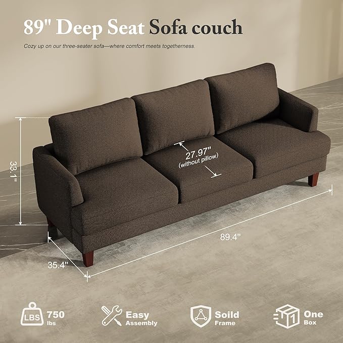 3 Seater Sofa Couch with Deep Seats 89 Mid Century Modern Upholstered Sofa with Armrests Comfy Couches for Living Room Bedroom Apartment and Office (Brown)