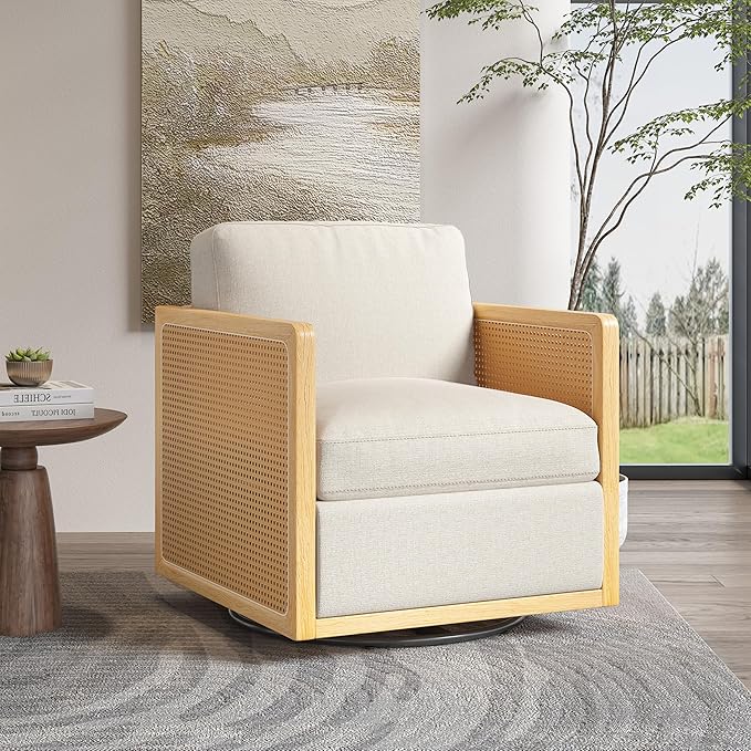 Swivel Barrel Chair Premium Rattan Comfy Round Accent Chair for Living Room Mid Century Modern Reading Chair for Adults Bedroom Side Chairs for Small Spaces Armchair for Home/Office/Cream Linen