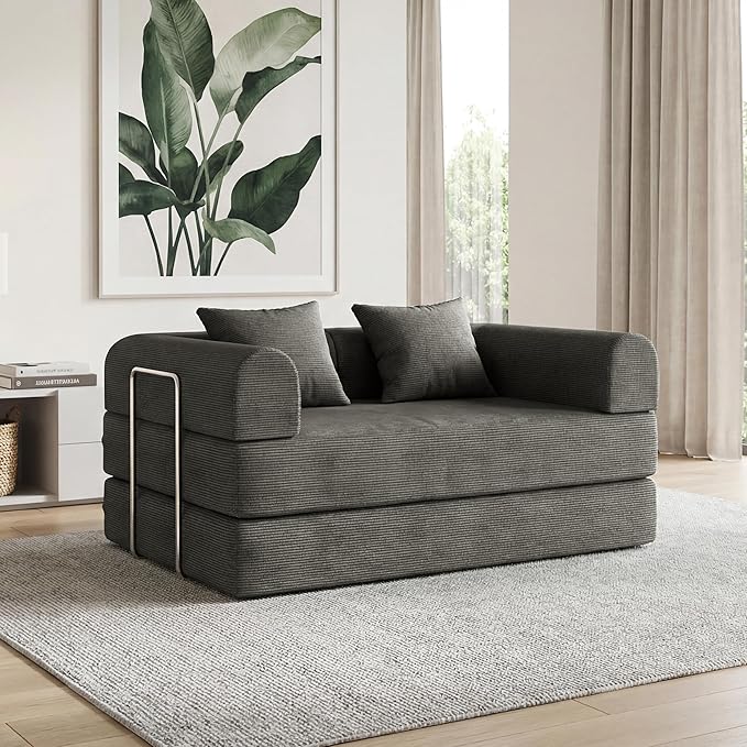 53.15'' Convertible Compressed Corduroy Folding Cloud Sofa Bed Modern Boneless Pull Out Loveseat Sleeper in a Box 4 in 1 Floor Mattress Futon Cloud Couch No Assembly Needed Grey 2 Pillows Full