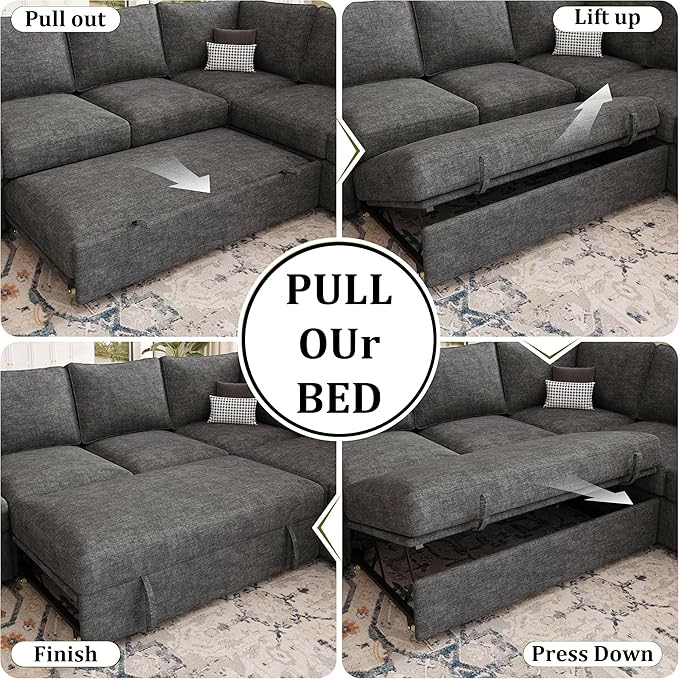 85 Inch Modular Sectional L Shaped Couch Sofa with Pull Out Bed5 Seat Sectional Sleeper Sofa with StorageCouches for Living Room (Gray 5 Seat Sleeper Sofa)