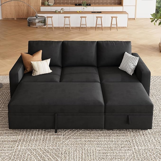 HONBAY Modular Sectional Sleeper Sofa with Pull Out Bed L Shaped Couch with Storage Seat Modular Sectional Couches for Living Room - Black