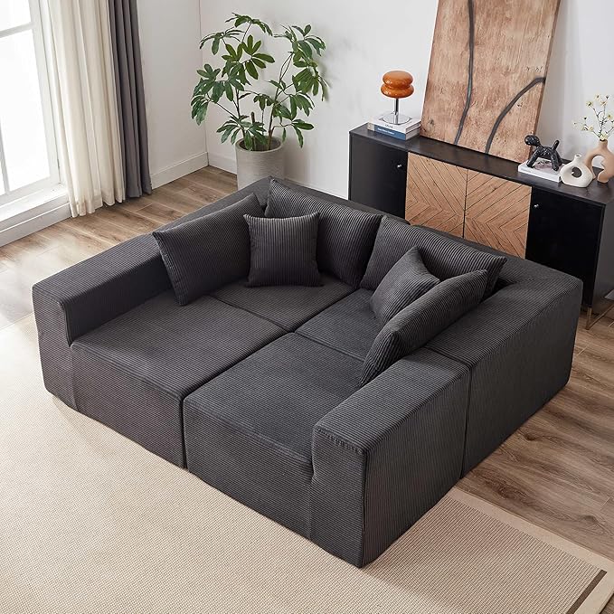 104 Corduroy Modular Sectional Viral Cloud Couch with ChaiseCloud Sectional L-ShapedSofa Bed for Living RoomMemory Foam Compressed Boneless Couches in a BoxNo Assembly RequiredBlack