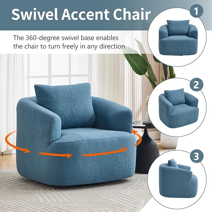 PELUMY Swivel Accent Chair Modern Round Barrel Chair Soft Teddy Fleece Fabric Swivel Chair for Living Room 360 Rotating Small Space Comfort Reading Chair No Tools Assembly (Blue)