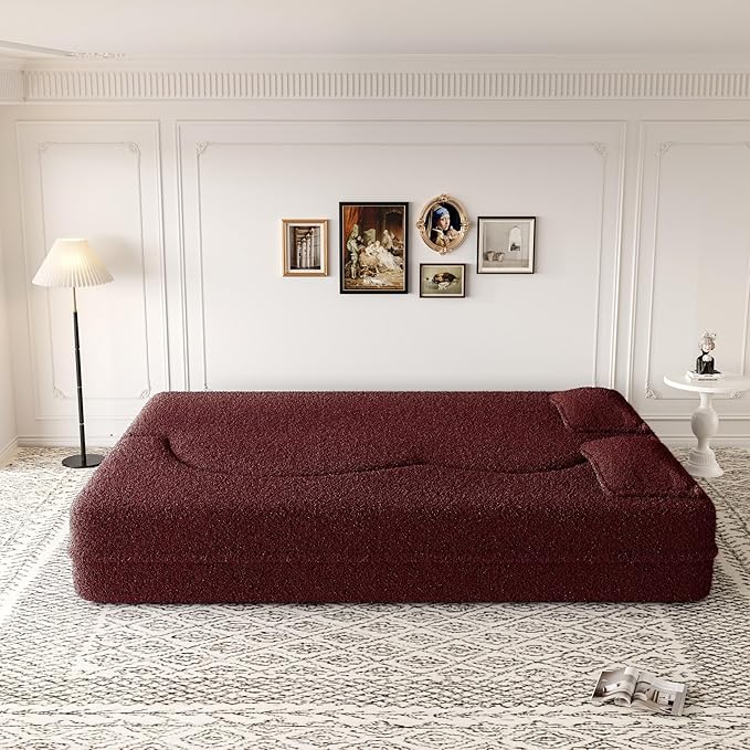 78” Floor Sleeper Sofa Bed Modern 2 in 1 Full Size Foldable Mattress with 2 Pillows Convertible Boneless Couch with Deep Seat for Living Room No Assembly Required (Burgundy &amp Teddy) | No Assemb