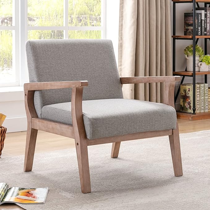 Wahson Comfy Living Room Chairs Linen Upholstered Accent Chairs Farmhouse Armchairs with Natural Wood Frame Oversized Decorative Chair for Bedroom Grey