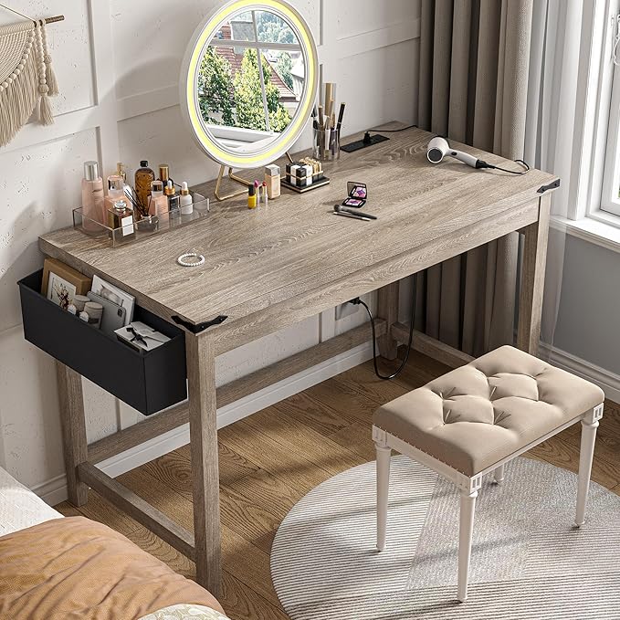 EnHomee 32 Small Desk Thickened &amp Reinforced with Power Outlet Sturdy Computer Desk with Storage Bag DetachableAffordable Luxury Home Office Desk and Writing Desk for Small SpacesAsh Gray